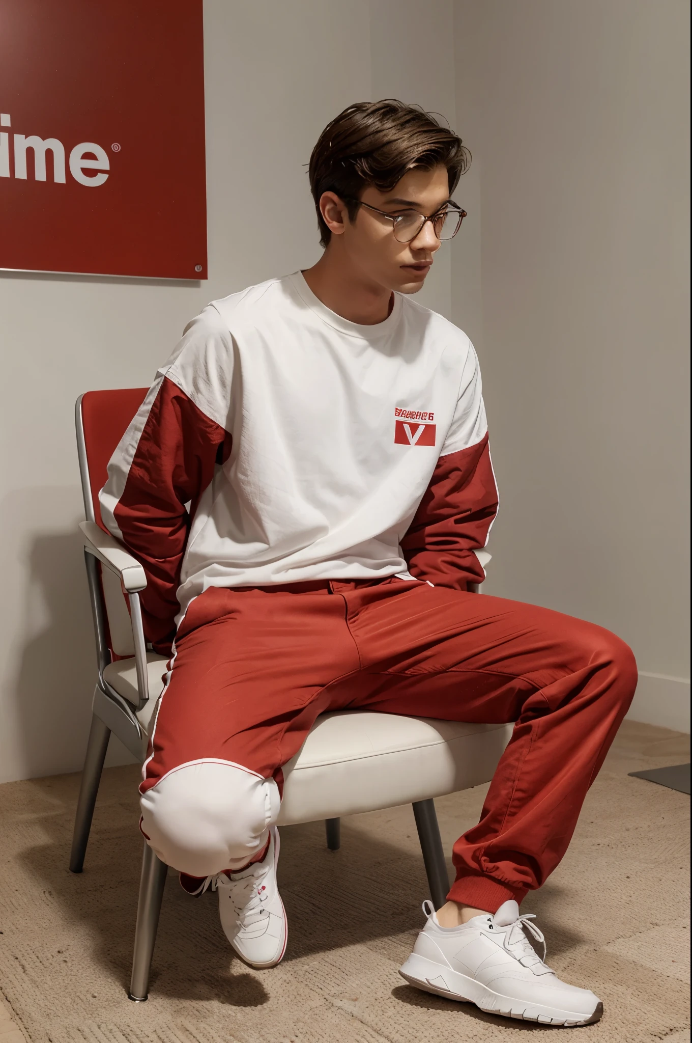 Create a 3D illustration featuring a realistic 18 year-old beautiful young boy busy to editing video sit on a chair in front of a 3d logo of youtube.' The character should have red and white pant coat tie ,with Sneakers shoes, with glasses,The background of the image should showcase a social media profile page and the username "Adiela Sam' and a matching profile picture and modify it