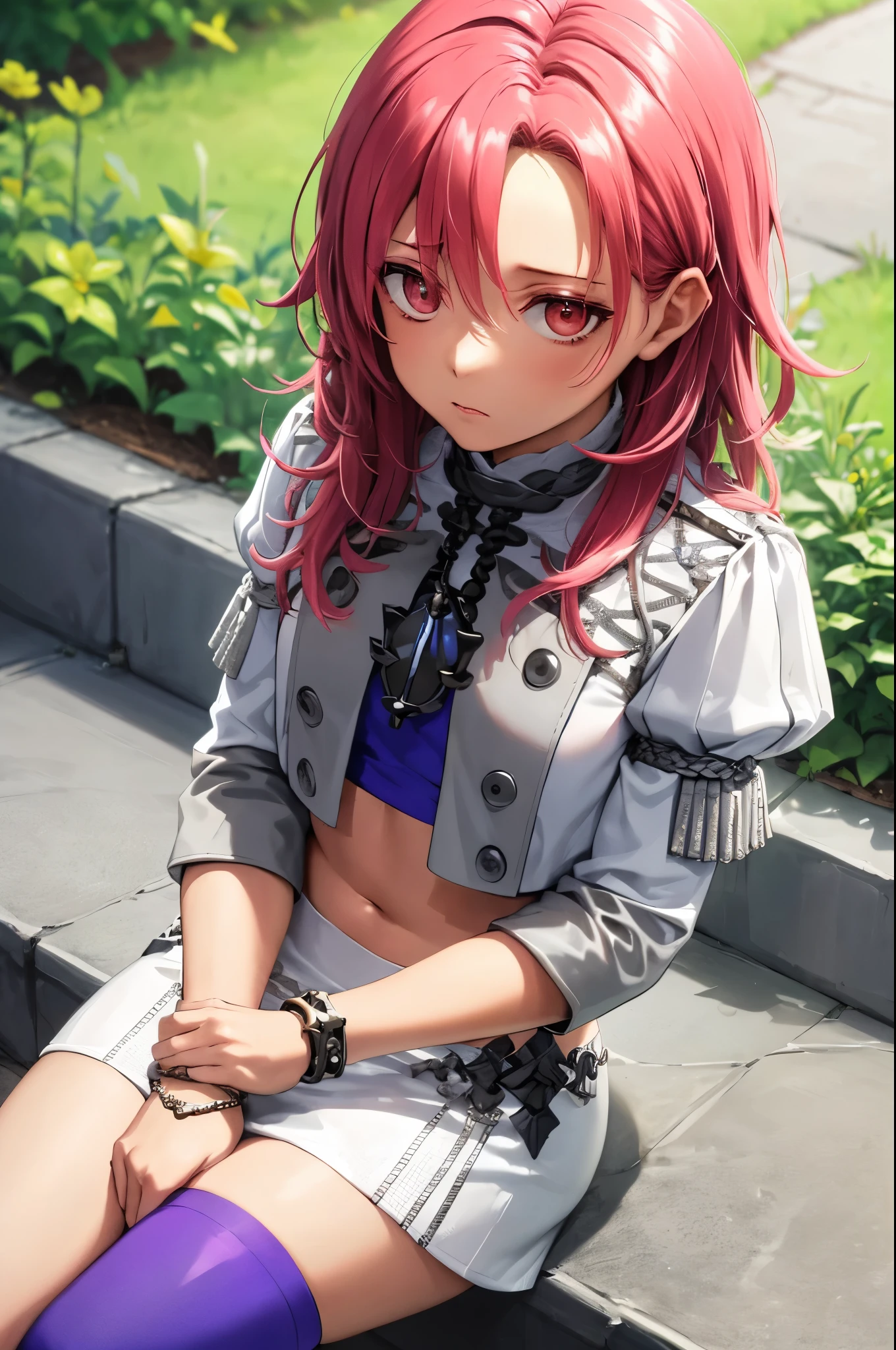 masterpiece, best quality, defHapi, white jacket, pendant, purple crop top, white skirt, bracelet, single thighhigh, upper body, looking at viewer, bored, (tired:1.2), garden