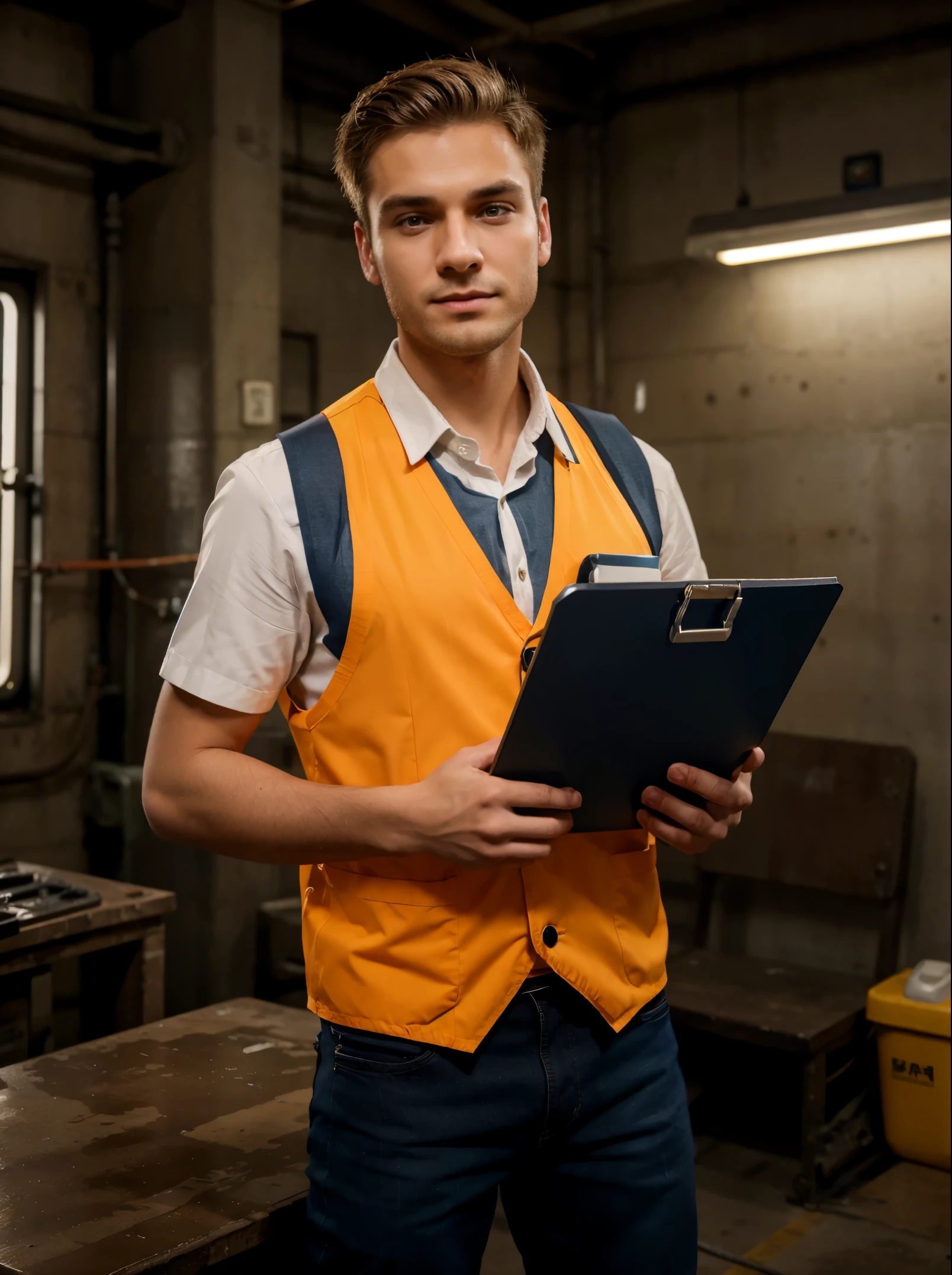 Blonde man Imagine a young 25 years old safety officer standing in an electric station. He has a small beard that is neatly groomed. He is wearing a fluorescent yellow or orange safety vest over a dark blue shirt and black jeans. The vest has reflective strips to increase visibility. The safety officer is holding a clipboard, while the other hand is extended, gesturing in a confident manner. He has a serious expression on his face, showing his dedication to ensuring safety in the electric station. The surroundings could include electrical equipment, such as transformers or circuit breakers, indicating the nature of his work environment.