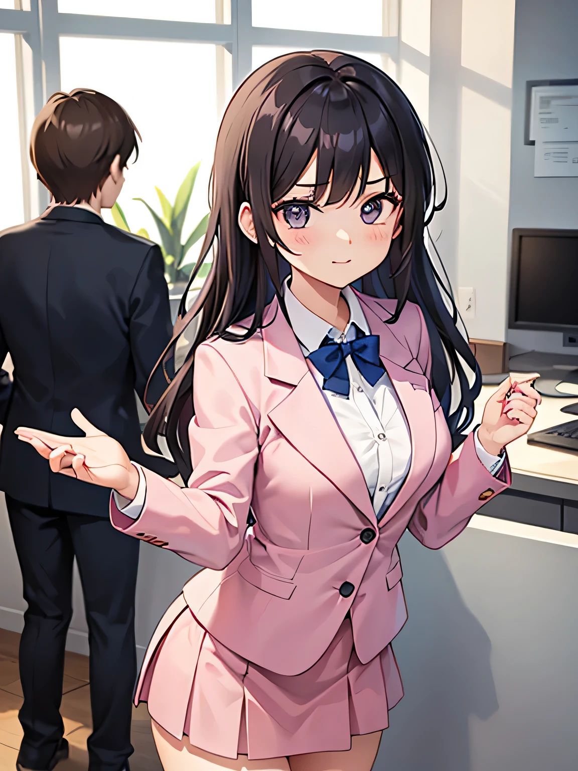1, There are men and women behind the counter..
2,the woman is the receptionist, She is wearing a pink blazer and a pink skirt., An unfriendly person who hates men.
3,The man is an employee of this company、I'm asking the receptionist to come with me.。.
4,The location is the company's large reception counter., The company logo is written in large letters on the back..