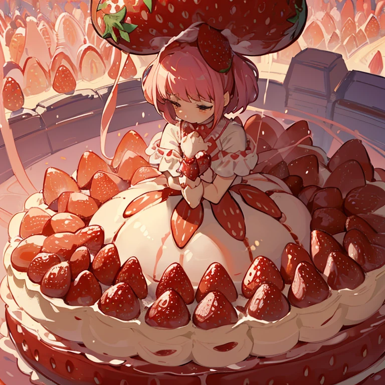 A pastry chef covered in strawberry parfait serving a giant strawberry、Amazing dynamism、Amazing Angle、Unstable buoyancy sandstorm、(((Many friendly giant strawberries float closely together and chase each other.)))。surround each other'giant strawberry、