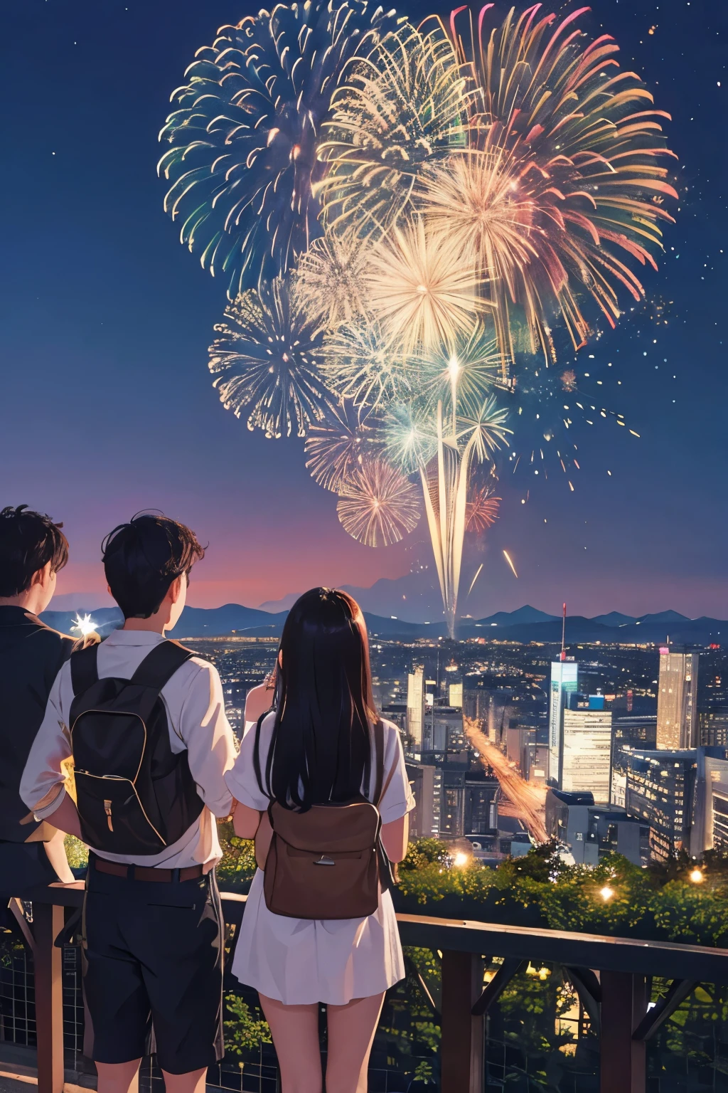 On the hillside, A couple watching fireworks in the distance, The background is high-rise buildings.