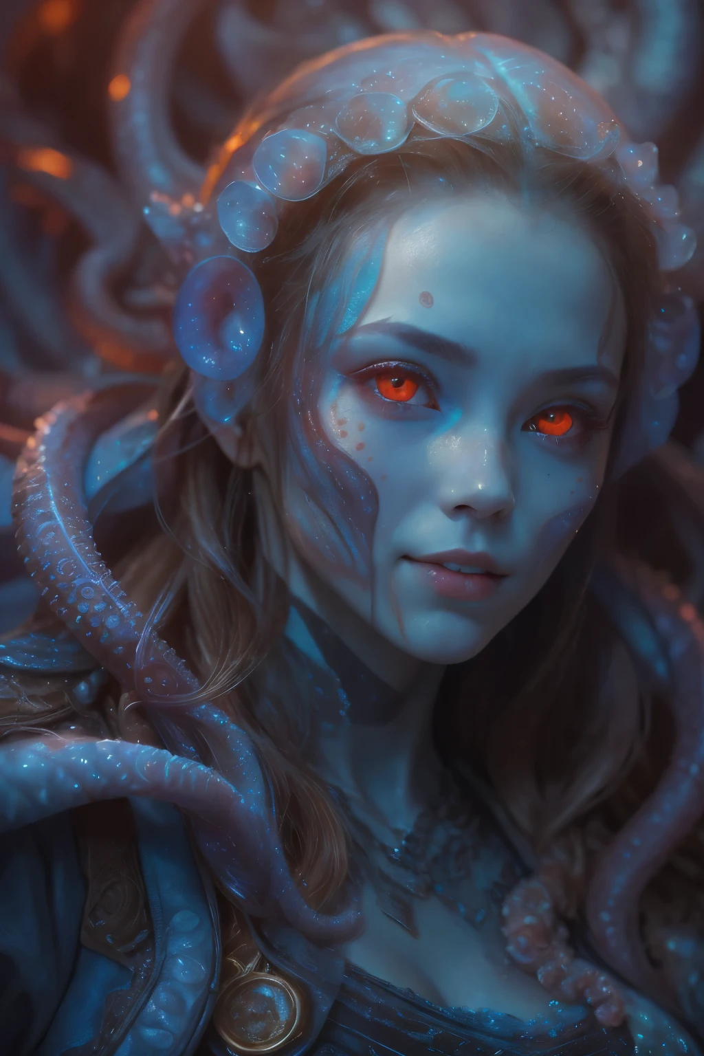 Portrait, (beautiful female alien:1.2), (she has red eyes with no pupils:1.8), (Translucent skin:1.7), (There is a female genital-like organ in the middle of the forehead:1.9), (The most beautiful face in the history of the universe:1.2),an evil gaze that seduces, (large mouth:1.1), (sharp teeth like a vampire:1.2), Full body like, (bio luminescent:1.5), (Smile wickedly:1.3), (sexypose:1.5), alien, No humans, cells are fused, (Lots of translucent tentacles:1.3) extraterrestrial, cell, bio image, Best Quality, 8K,4K_quality, High Definition, Dramatic Lighting, masutepiece:1.5,cinematic quality, detail up, (Intricate details:1.2), High resolution, High Definition, drawing faithfully, (Thick eyebrows:1.2), Beautiful eyes with fine symmetry,(Highly detailed face and eyes:1.2), Intimate face, (Super detailed skin quality feeling:1.4), Perfect Anatomy, (Beautiful toned body:1.5), (Moist skin:1.2), No makeup, (dark circles:1.1), long canines, cinematic drawing of characters, ultra high quality model, cinematic quality, detail up, (Intricate details:1.2), High resolution, High Definition, drawing faithfully, Official art, Unity 8K wall , 8K Portrait, Best Quality, Very High resolution, ultra detailed artistic photography, midnight aura, unreal enginee 5, Ultra Sharp Focus, art by alberto seveso, ArtGerm, Roisch, intricate artwork, best quality, masutepiece, ultra High resolution, (photos realistic:1.4), Ultra-realistic realism, dream-like, nautilus, Creation of fantasy, Snail, Dream Snail, biopunk nautilus, Thrilling color schemes, Ultra-realistic realism, seductively smiling, Blue tentacles,