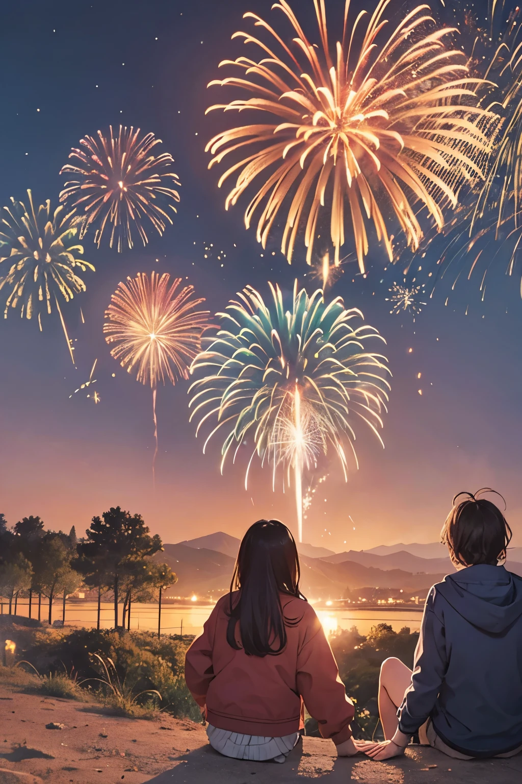 On the hillside, A couple watching fireworks in the distance, The background is high-rise buildings.