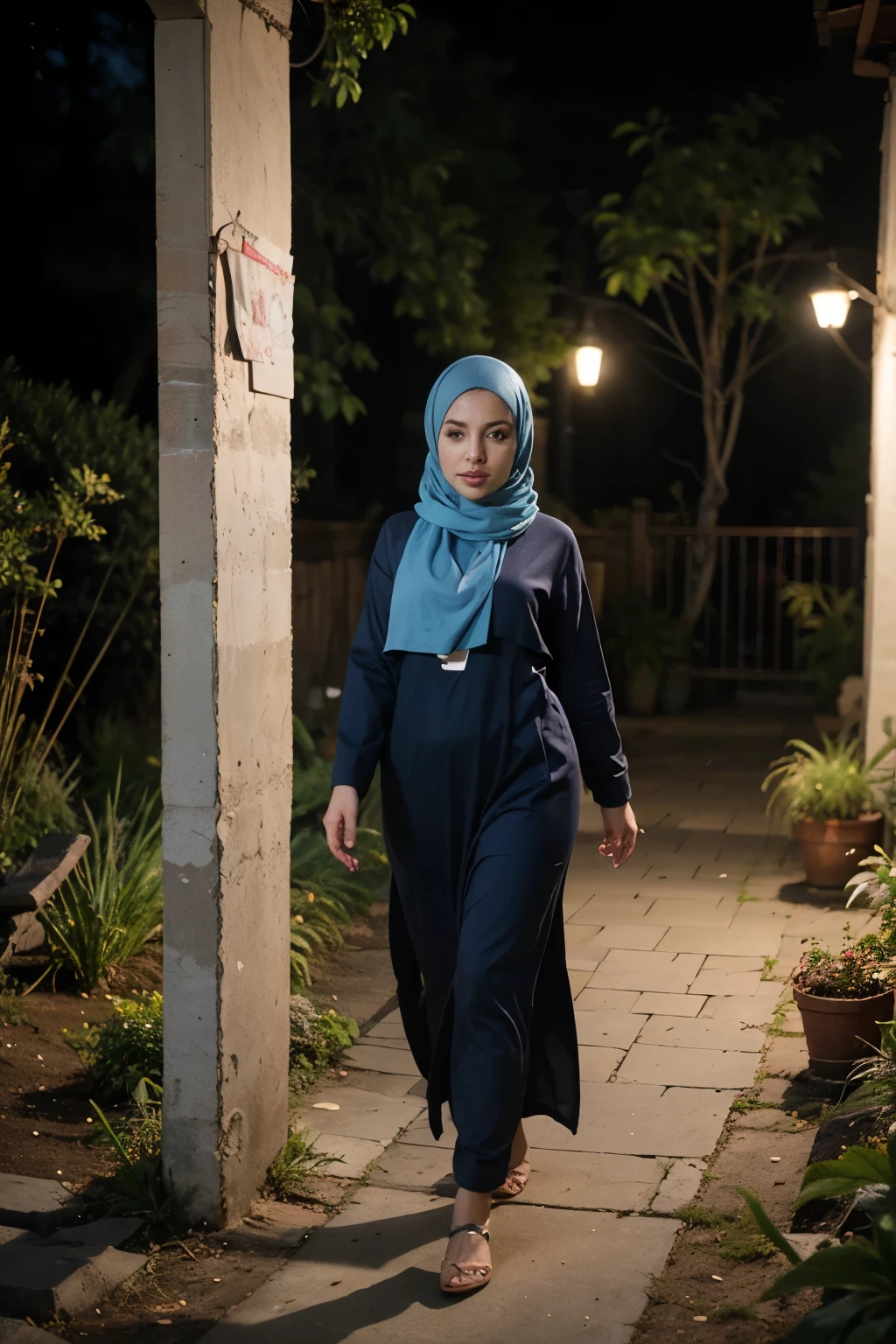 A woman wearing long blue hijab and blue abaya outfit, she walking from the left to the right ,angle her beside, glow, two split panel, left panel is background garden with nightmode, and the right panel is background garden with the bright day, flying bird, butterfly, photorealistic, 8k hd real human
