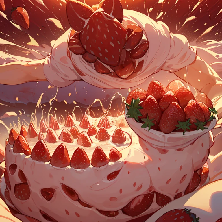 A pastry chef covered in strawberry parfait serving a giant strawberry、Amazing dynamism、Amazing Angle、Unstable buoyancy flood sandstorm、(((Many friendly giant strawberries float closely together and chase each other.)))。surround each other'giant strawberry、
