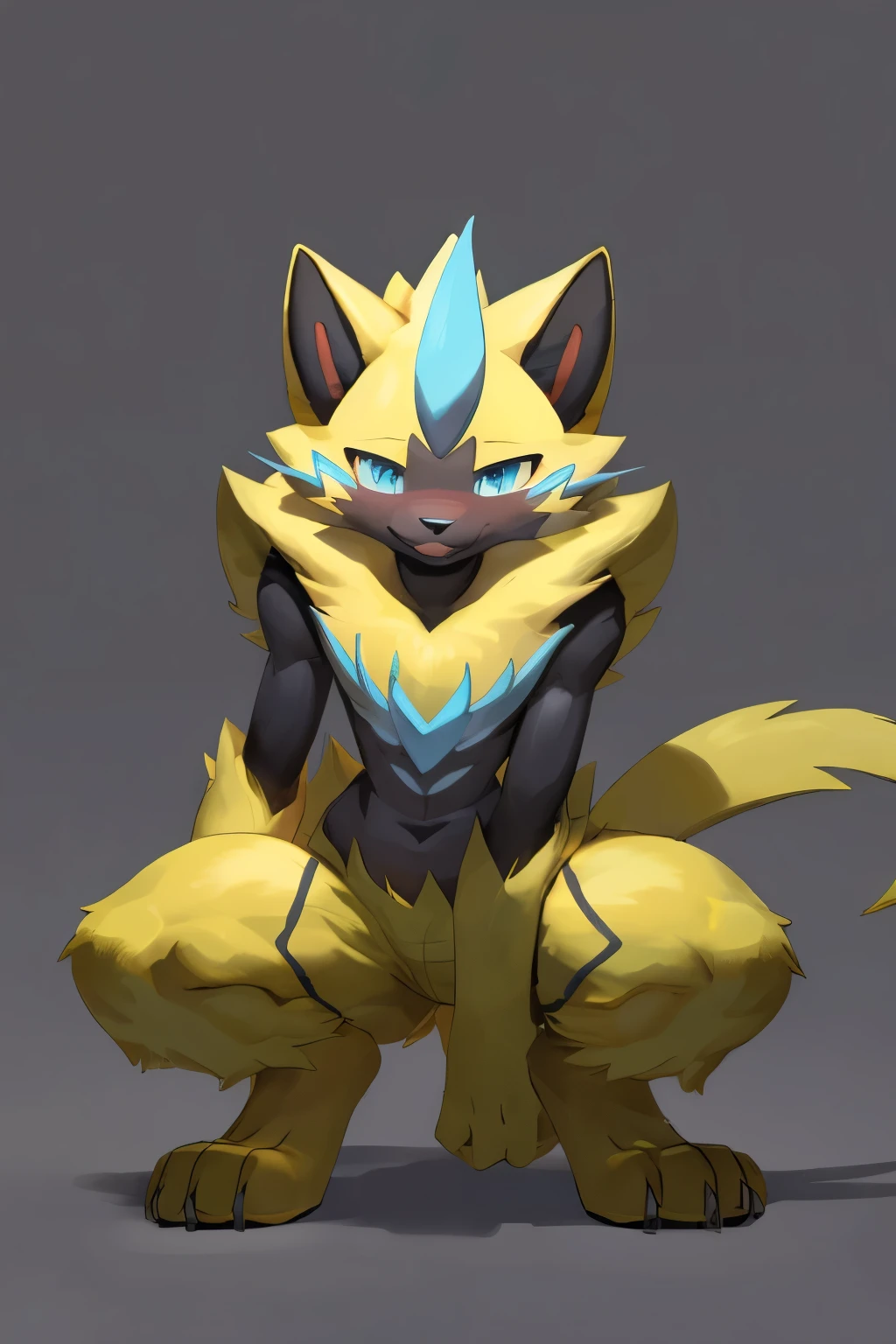 nj5furry,furry,anthro,solo,masterpiece,high detail,best shadow,zeraora,pokemon,blue eyes,blush,slav squat,paw pose,embrassed face