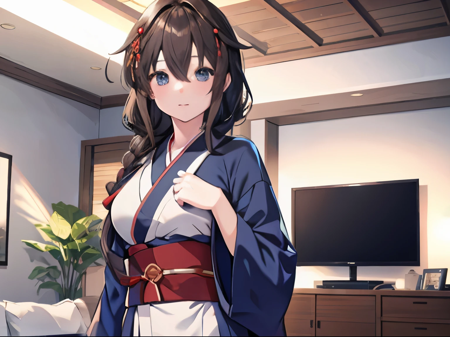 Shigure Kai 3 KanColle (BlueKimono) 8K High Resolution Very Fine Eyes Very Fine Face、Insanely detailed body、Extremely fine skin, very elaborate hair ornament, Precisely shaped body and hands 1 person Living room in a private house big bust