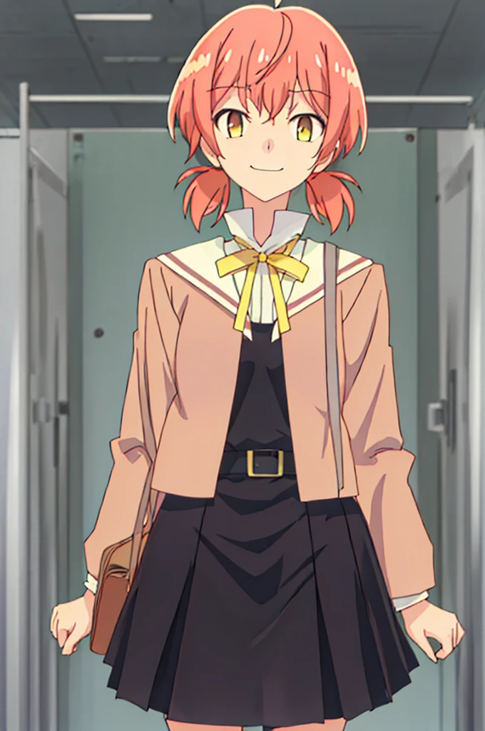 Best Quality, masutepiece, hight resolution, Solo, {Koito_excellent_Ekimininaru in yag:1.15}, Twin-tailed, Short_Twin-tailed, Low_Twin-tailed, brown_Eyes, Ahoge, Pink_hair,A sly smile, oh, yelLow_oh下げ, Short_hair, yelLow_bow ribbon, Bangs, oh下げ, bow ribbon, yelLow_oh下げtie, hair_Bland_Eyes, orange_hair, 1girl in, Blurry, Blurry_Background, up looking_で_viewer, Portrait, School_uniform