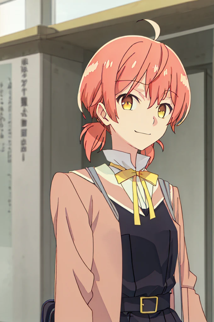 Best Quality, masutepiece, hight resolution, Solo, {Koito_excellent_Ekimininaru in yag:1.15}, Twin-tailed, Short_Twin-tailed, Low_Twin-tailed, brown_Eyes, Ahoge, Pink_hair,A sly smile, oh, yelLow_oh下げ, Short_hair, yelLow_bow ribbon, Bangs, oh下げ, bow ribbon, yelLow_oh下げtie, hair_Bland_Eyes, orange_hair, 1girl in, Blurry, Blurry_Background, up looking_で_viewer, Portrait, School_uniform