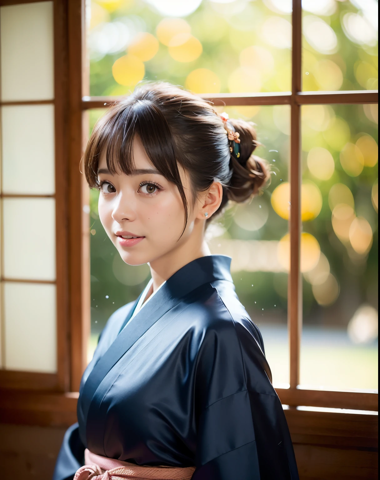 Best Quality, 超A high resolution, (Photorealistic:1.4), Raw photo, (upper waist:1.4), (Bokeh:1.7),(Window light only:1.6), (in Bright japanese-style room:1.5),(Bright:1.5)
Girl in 1, (Solo), (Smile:1.2,Open mouth:0.7), (dark brown eyes), Natural Skin, (brown updo hair,Bangs),Standing
(blue silk kimono),(Obi)