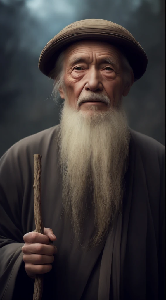 with a long beard,With a hat on、Ancient man holding a stick, 写实digitial painting, 写实digitial painting, Smart old man, # 有史以来的 1 幅digitial painting, #有史以来的 1 幅digitial painting, hyper 写实digitial painting, 令人惊叹的digitial painting, one old man, Portrait of an old man, smooth private parts. digitial painting, 非常详细的digitial painting