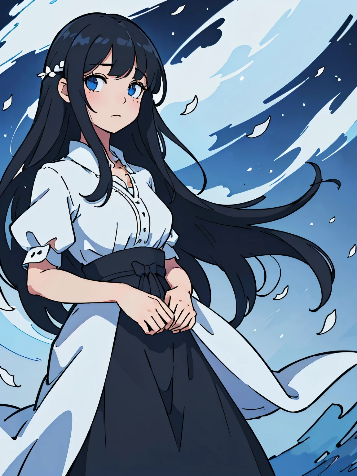 (best quality,4k,highres,masterpiece:1.2),ultra-detailed,(realistic:1.37),perfect anime illustration, girl having long black hair with bangs, wearing a black and white dress, beautiful detailed eyes, standing amongst blue and white tulips, looking in the distance, cinematic, soft color, vibrant flowers, delicate petals, gentle breeze, dreamy atmosphere, ethereal lighting, serene and peaceful, fairytale ambiance, captivating expression, artistic flair, meticulous linework, intricate details, anime-style shading.