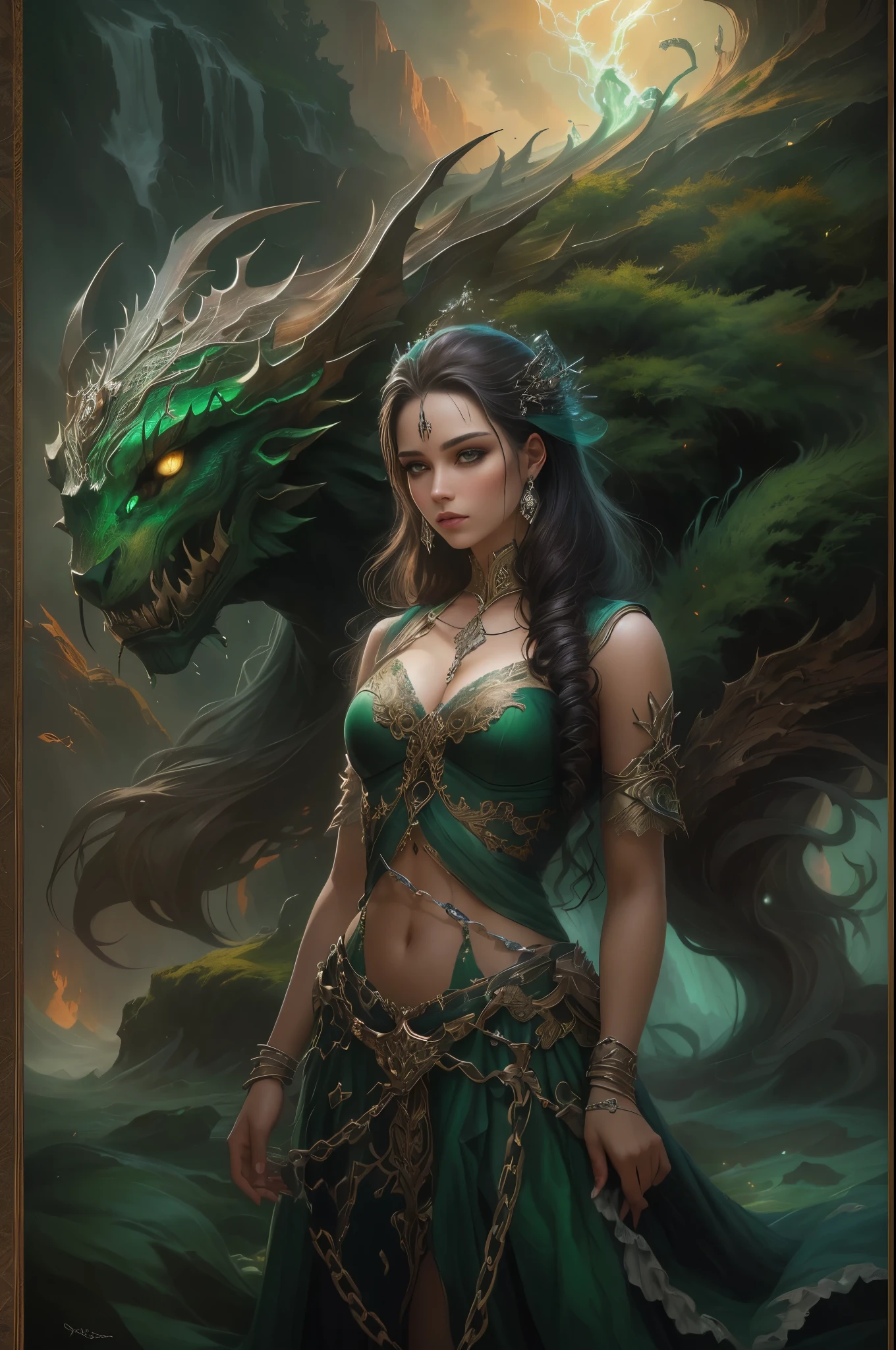 A woman holding chains and a glowing green demon, Abaddon and Magali Villeneuve, stands tall in front of a magnificent fantasy landscape. The woman's eyes are captivating, with intricate details that reflect the intensity of her emotions. Her lips are delicate and beautifully defined, adding an air of mystery to her appearance. She exudes strength and confidence, and her long eyelashes accentuate her mesmerizing gaze.
The artwork is created using the medium of fine art, with a focus on realism. The level of detail is exceptionally high, capturing every subtle texture and nuance of the scene. The vibrant colors bring the image to life, with a wide range of hues that contribute to the overall richness and depth.
The fantasy landscape serves as the backdrop for this captivating scene. It is filled with breathtaking elements, such as towering mountains, cascading waterfalls, and lush vegetation. The lighting in the