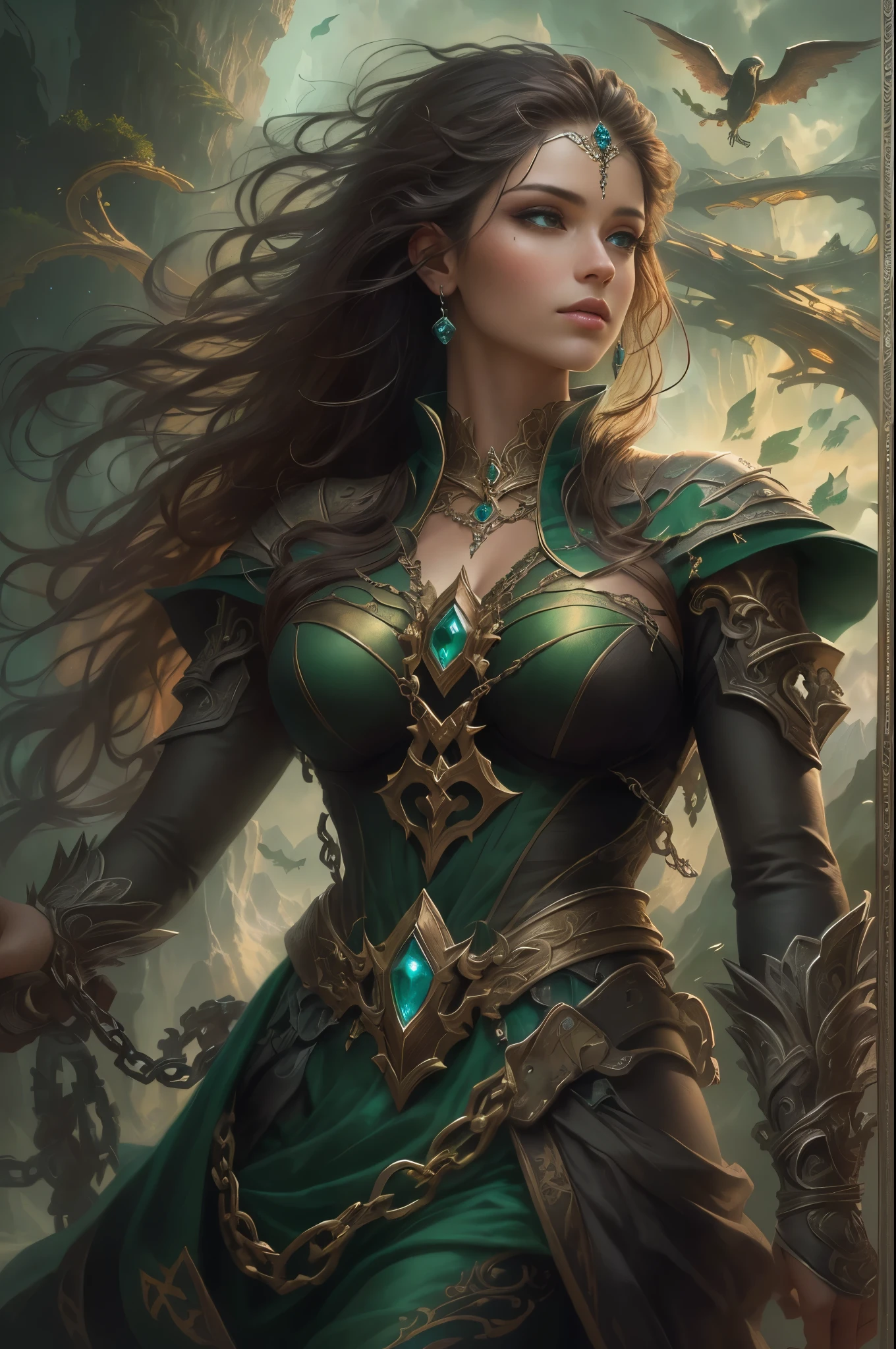 female verson of Loki768, sexy green outfit, black stockings, high boots on heels, crown with small horns, detailed background, detailed face, green arcane runes swirling in the air, green color scheme, magical green power, symmetrical composition, epic atmosphere, intricate, high detail, sharp focus, dramatic, photorealistic painting art by greg rutkowski