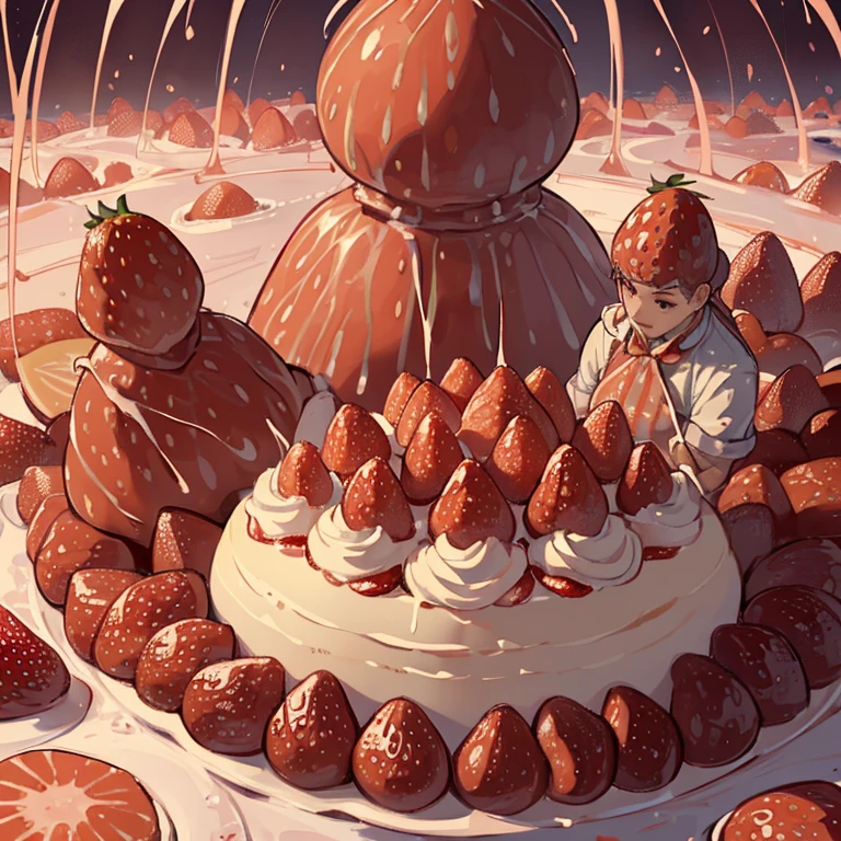 A pastry chef covered in strawberry parfait serving a giant strawberry、Amazing dynamism、Amazing Angle、Flood of unstable buoyancy、(((Many friendly giant strawberries float closely together and chase each other.)))。surround each other&#39;giant strawberry、