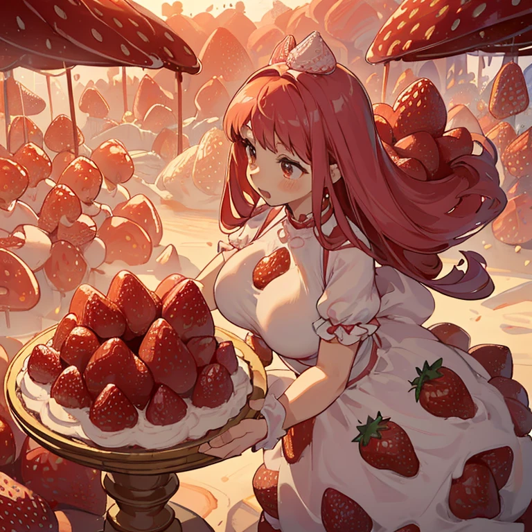 A pastry chef covered in strawberry parfait serving a giant strawberry、Amazing dynamism、Amazing Angle、Unstable buoyancy fountain sandstorm、(((Many friendly giant strawberries float closely together and chase each other.)))。surround each other&#39;giant strawberry、