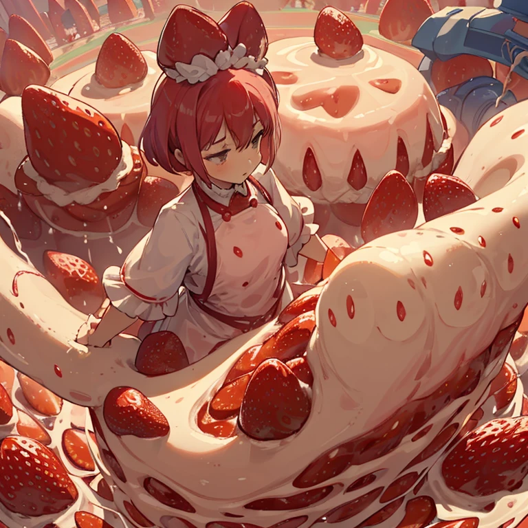 A pastry chef covered in strawberry parfait serving a giant strawberry、Amazing dynamism、Amazing Angle、Unstable buoyancy fountain sandstorm、(((Many friendly giant strawberries float closely together and chase each other.)))。surround each other'giant strawberry、