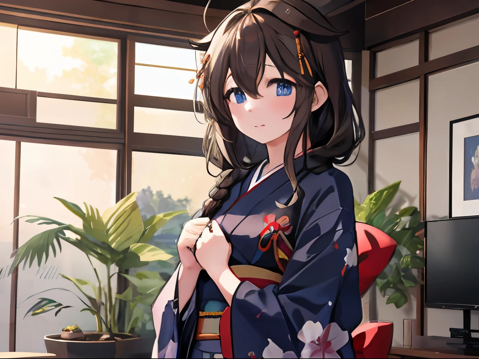 Shigure Kai 3 KanColle (BlueKimono) 8K High Resolution Very Fine Eyes Very Fine Face、Insanely detailed body、Extremely fine skin, very elaborate hair ornament, Precisely shaped body and hands 1 person Living room in a private house 妖艶な表情 big bust 髪下ろし ロングヘアー