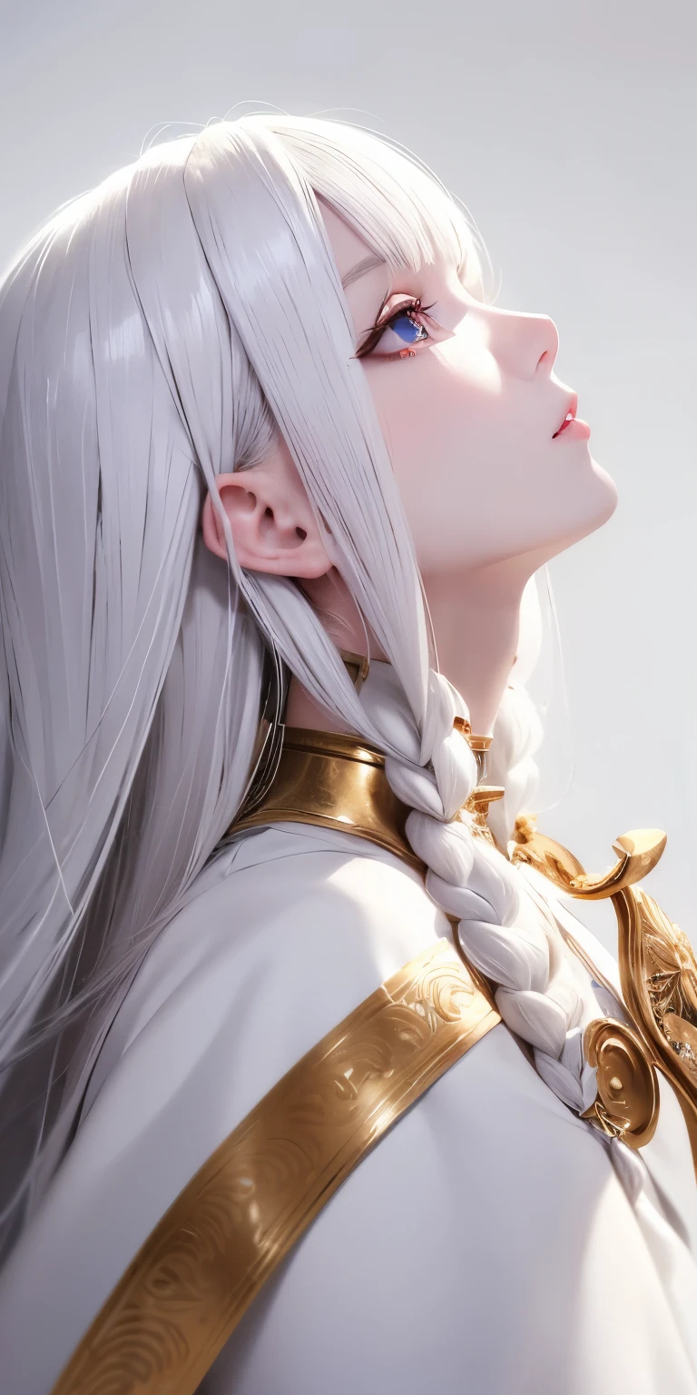 best quality, masterpiece,white hair, gold eyes,white clothes, looking up, upper body,hair strand,Fair skin,side braids