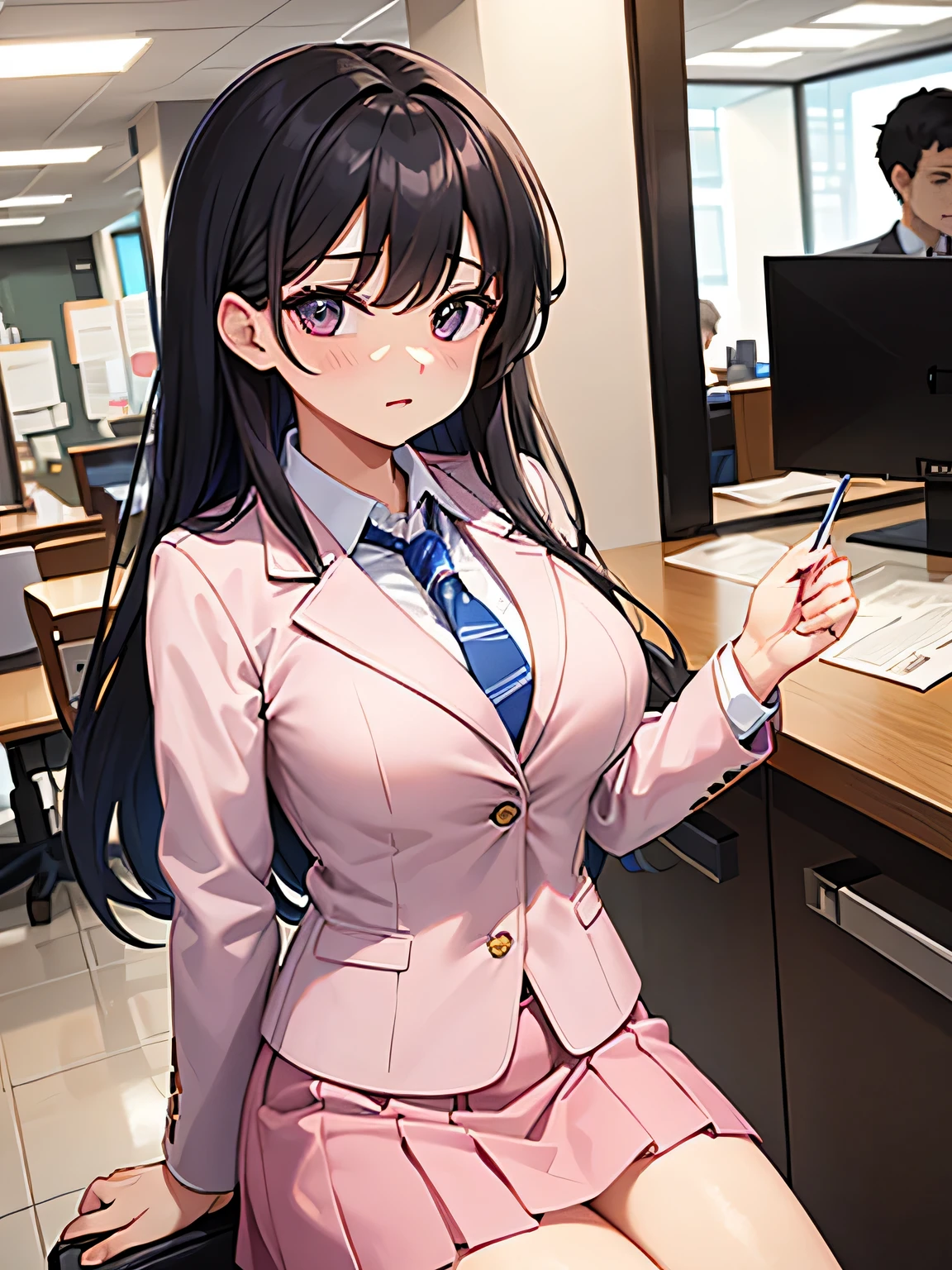1, There are men and women behind the counter..
2,the woman is the receptionist, She is wearing a pink blazer and a pink skirt., An unfriendly person who hates men.
3,The man is an employee of this company、I'm asking the receptionist to come with me.。.
4,The location is the company's large reception counter., The company logo is written in large letters on the back..