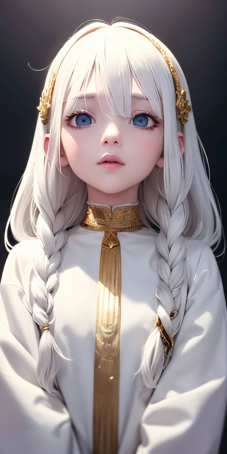 best quality, masterpiece,white hair, gold eyes,white clothes, looking up, upper body,hair strand,Fair skin,side braids