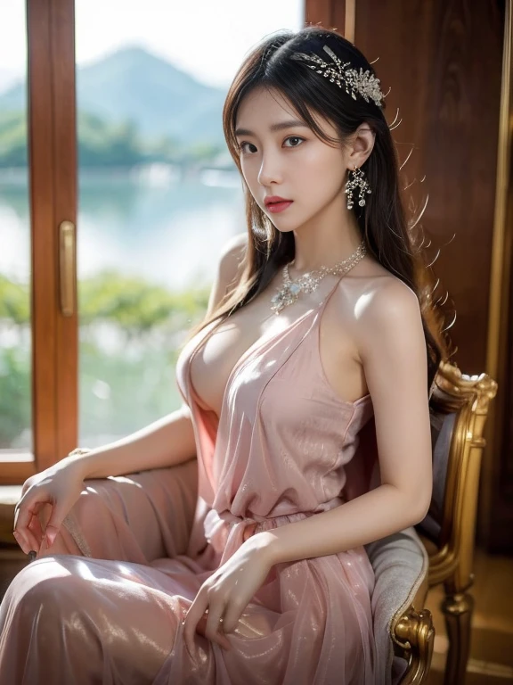 best qualtiy, tmasterpiece, 超高分辨率, (realisticlying:1.5), RAW photogr, 1girll, silber hair, long hair,hair adornment shoulders,Cold and glamorous,Raised sexy,Cyan and pink tulle dress, Detailed scenes, amazing pose, Eye-catching accessories, Picturesque