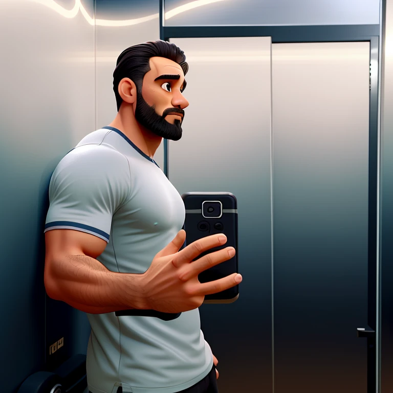 Um homem de 40 anos personal trainer na academia, com o cabelo enrolado e barba baixa, corpo forte sem exagero, camisa preta de treino e bermuda