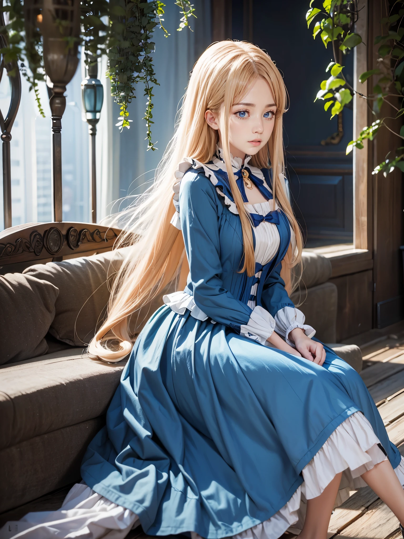 Raw Photography, High Resolution, Realistic, Masterpiece, 20 year old, Mia Luna Tearmoon, Looking at Viewer, Solo, Full Body Shot, Victorian Era, Garden Mansion, Long Blonde Hair, Blue Eyes, Sleepy Eyes