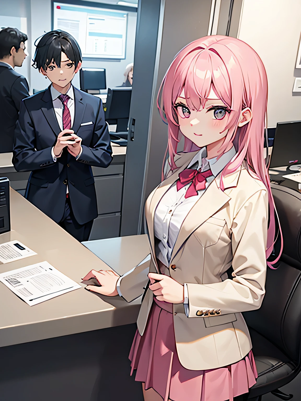1, There are men and women behind the counter..
2,the woman is the receptionist, She is wearing a pink blazer and a pink skirt., An unfriendly person who hates men.
3,The man is an employee of this company、I'm asking the receptionist to come with me.。.
4,The location is the company's large reception counter., The company logo is written in large letters on the back..