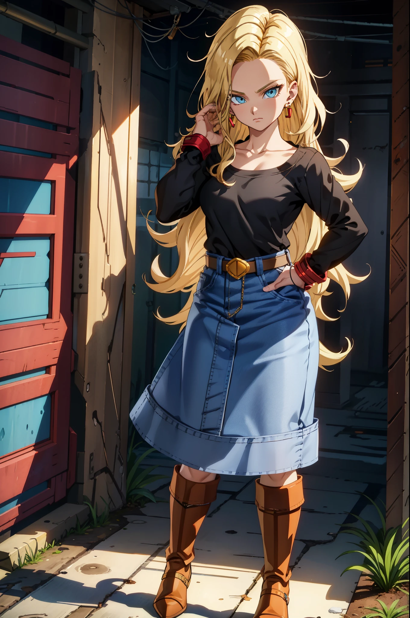 (extremely detailed CG unity 4k wallpaper),(masterpiece),(best quality),(ultra-detailed),(best illustration),(best shadow),(absurdres),(detailed background), Android 18, android 18, 1girl, solo, black hair, skirt, blue eyes, white background, full body, boots, brown footwear, background, long hair, hand on hip, belt, denim skirt, earrings, long sleeves, jewelry, looking at viewer, standing, shirt, blue skirt, hand in own hair, collarbone, black shirt, denim, striped sleeves, closed mouth