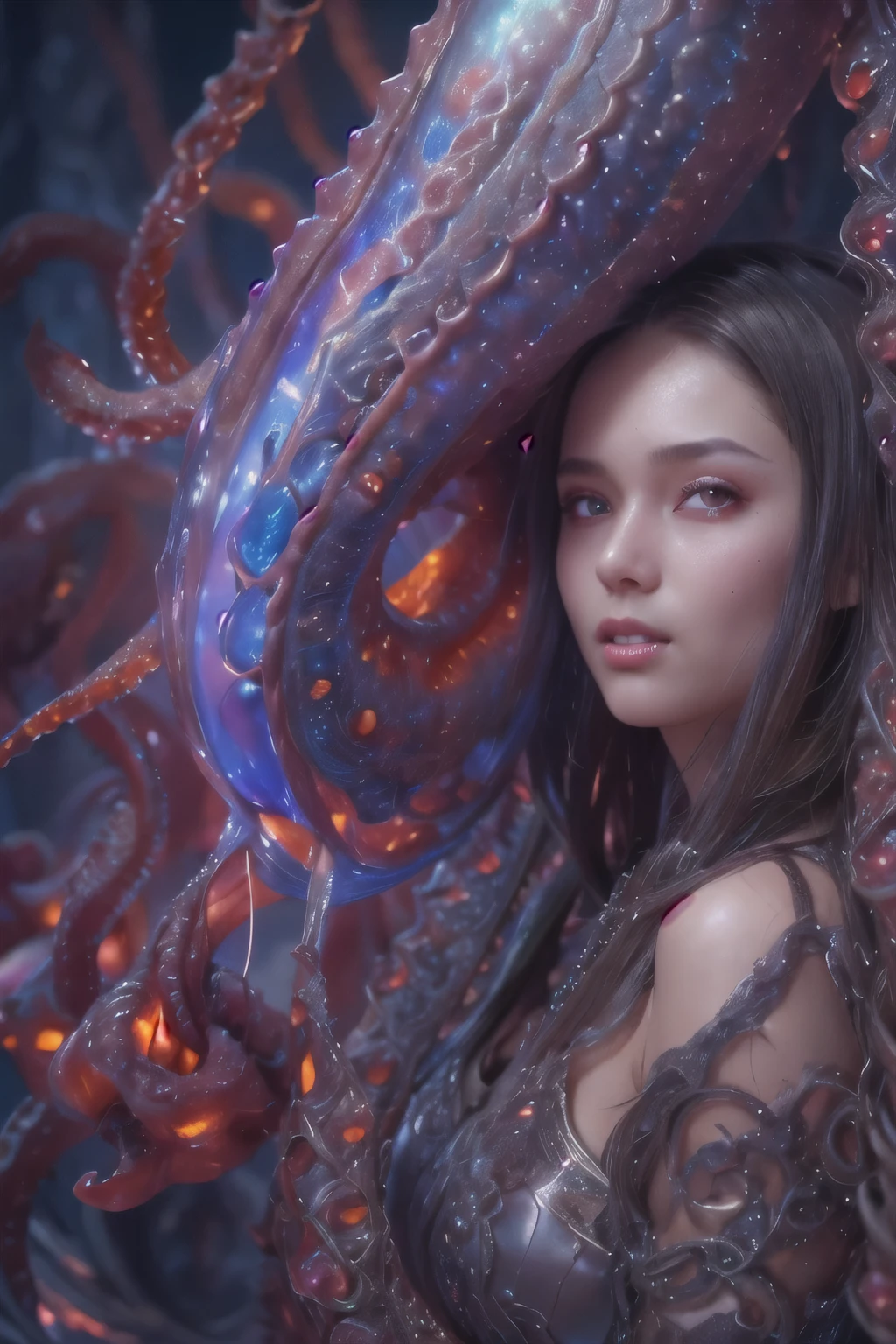 scary and sexy detailed art in color, Portrait, (beautiful and obscene female alien:1.4), (vulgarity1.5), (she has red eyes with no pupils:1.8), (Translucent skin:1.7),  (There is a female genital-like organ in the middle of the forehead:1.9), (The most beautiful face in the history of the universe:1.2),an evil gaze that seduces, (large mouth:1.1), (sharp teeth like a vampire:1.2), Full body portrait, (bio luminescent:1.5), (Smile wickedly:1.3),  (sexypose:1.5), alien, No humans, cells are fused, (Lots of translucent tentacles:1.3) extraterrestrial, cell, bio image, best quality, 8K,In 4K_quality, High freshness, Dramatic Lighting, masutepiece:1.5,cinematic quality, detail up, (exquisite details:1.2), high resolution, High freshness, drawing faithfully, (Thick eyebrows:1.2), Beautiful eyes with fine symmetry,(Highly detailed face and eyes:1.2), Intimate face, (Super detailed skin quality feeling:1.4), perfect anatomy,  (Beautiful toned body:1.5),  (Moist skin:1.2), not wearing makeup, (dark circles:1.1), long canines, cinematic drawing of characters, ultra high quality model, cinematic quality, detail up, (exquisite details:1.2), high resolution, High freshness, drawing faithfully, official art, Unity 8K Wall  , 8K Portrait, best quality, Very high resolution, ultra detailed artistic photography, midnight aura,  unreal engine 5, Ultra Sharp Focus, art by Amano Yoshitaka, ArtGerm, Roisch, intricate artwork, best quality, masterpiece, ultra high resolution, (photos realistic:1.4), ultra realistic realism, dream-like, nautilus, Creation of fantasy, Snail, Dream Snail, (biopunk nautilus:1.3),Thrilling color schemes, ultra realistic realism, seductively smiling, Blue tentacles,