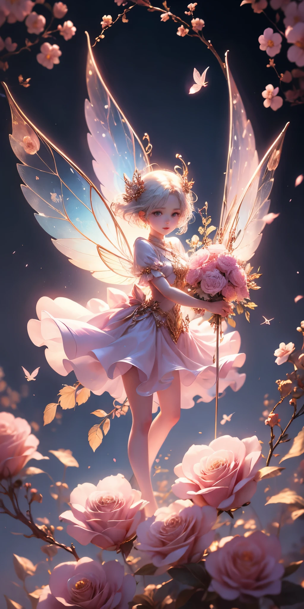Beautiful transparent flower fairy baby, Transparent colorful wings, The wand fluttered in the wind、The wand flashed with starlight,Golden wand,Beautiful blue sky and white clouds、Girls have transparent wings、smile kindly、Beautiful garden background、Gentle and transparent,Anatomical correct, delicate patterns,Pink rose space, gentlesoftlighting, ( bokeh),tmasterpiece, 超詳細, Epic work, Best quality at best, 8K,Epic Romantic Fantasy Digital Art,Epic fairy tale fantasy digital art,Myth and fantasy,UHD resolution,Detailed detail drawing,realistically,Very realistic,电影灯光,an award winning photograph,plethora of colors,Hyper-realistic and realistic texture,dramatic lights