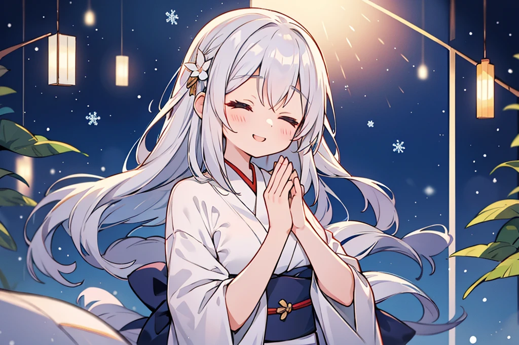 Prayer、kimono、Silvery hair、女の子1人、fit hands、((Close both eyes))、gently smiling、Upper Body Up、Winters、Entwining fingers