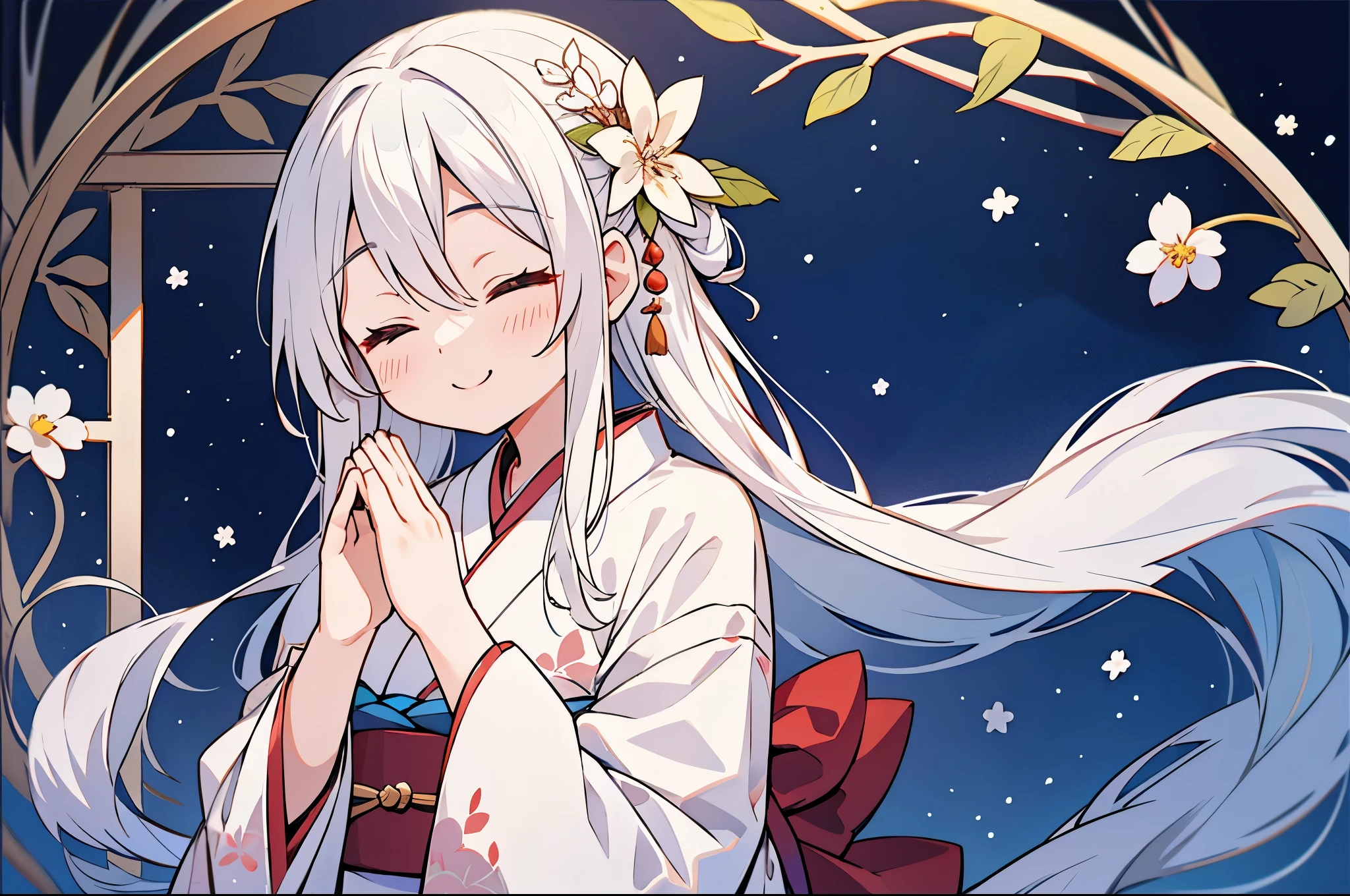 Prayer、kimono、Silvery hair、1人、fit hands、((Close both eyes))、gently smiling、Upper Body Up、Winters、Entwining fingers