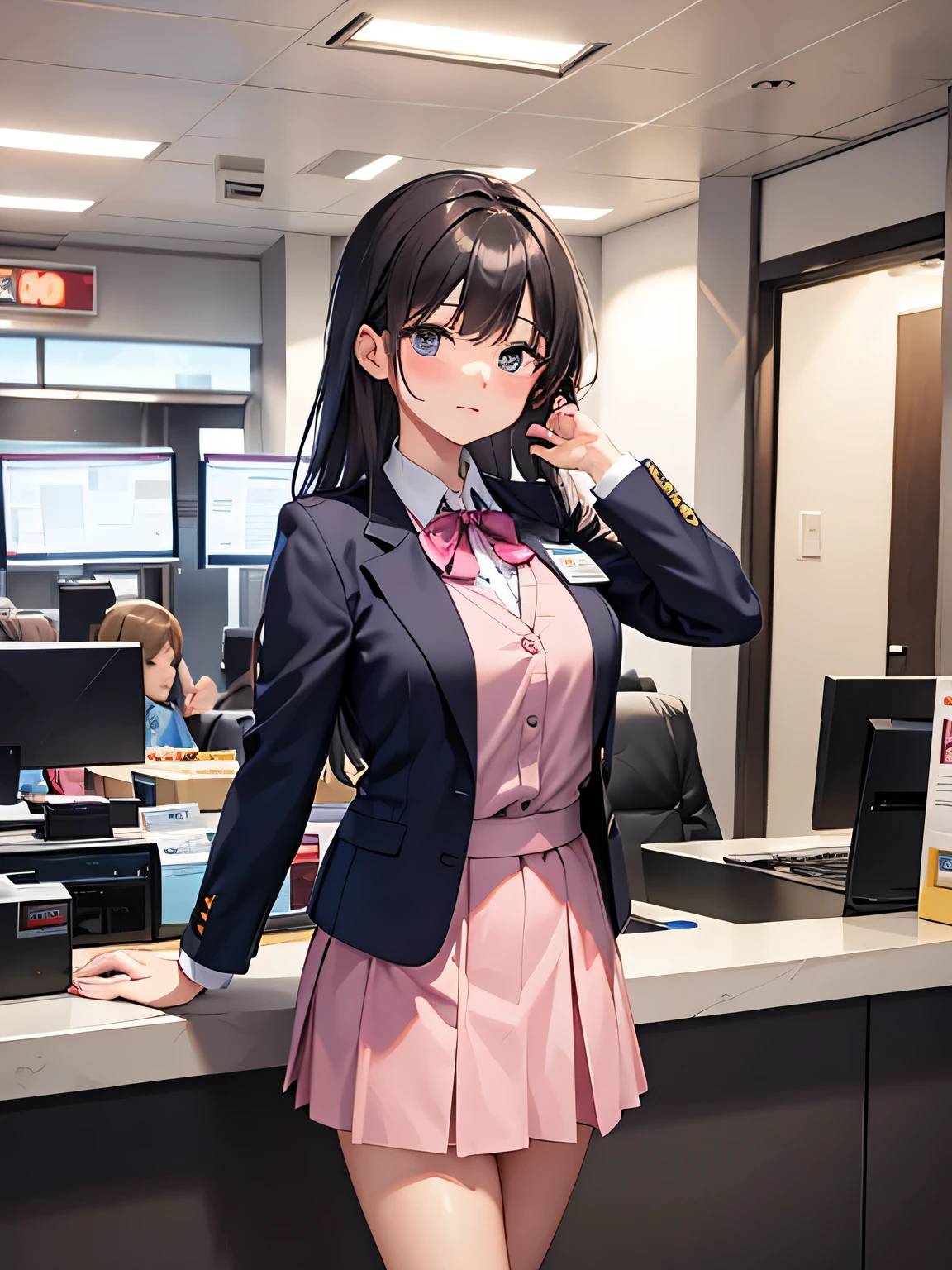 1, There are men and women behind the counter..
2,the woman is the receptionist, She is wearing a pink blazer and a pink skirt., An unfriendly person who hates men.
3,The man is an employee of this company、I'm asking the receptionist to come with me.。.
4,The location is the company's large reception counter., The company logo is written in large letters on the back..