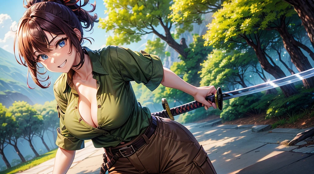 1girl, solo, village, trees, colorful hair, curly hair, ponytail, large breasts, button down shirt, ninja, ((brown green shirt)), ((unbuttoned shirt)), ((short sleeved shirt)), blue eyes, pants, sandals, katana, grin, looking at the viewer, ((standing)), hair ribbon, bandage