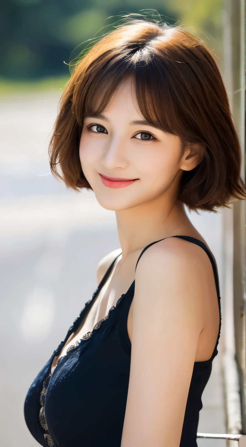 masutepiece, Best Quality, Illustration, Ultra-detailed, finely detail, hight resolution, 8K Wallpaper, Perfect dynamic composition, Beautiful detailed eyes, Women's Fashion Summer,Medium Hair,Small breasts natural color lip, Bold sexy poses,Smile,Harajuku、20 years girl、Cute、Sexy shot looking at camera