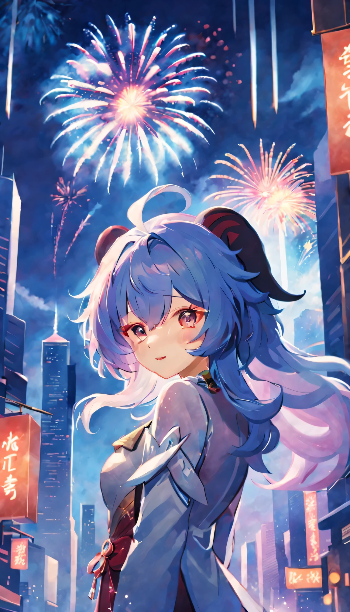 sportrait,The landscape,painting of a,illustratio,employment \(genshin impact\),festive atmosphere,Grand fireworks show in the night sky,Sparkling fireworks,captivating coloration,Romantic atmosphere,futuristic skyscraper,tall building,reaching for the sky,glowing neon lights,Stunning architectural design,Twinkling stars,Ring in the New Year,overwhelming excitement,Magical moments,Inspiring artistic creations. Best quality at best,4K,8K,A high resolution,tmasterpiece:1.2,ultra - detailed,actual:1.37,