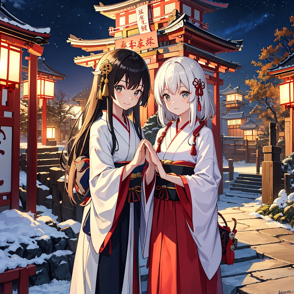 ((masutepiece)),((Best Quality)),((high detailing)),((Best fingers)) 、cute little、femele、Join hands and visit the shrine at night、kimono、Winter scenery
