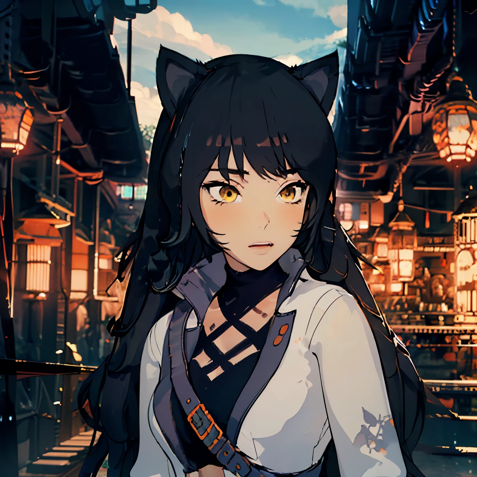 Blake_RWBY, 1girl, solo, black hair, long hair, cat ears, animal ears, yellow eyes, belt, midriff, pants, jacket,