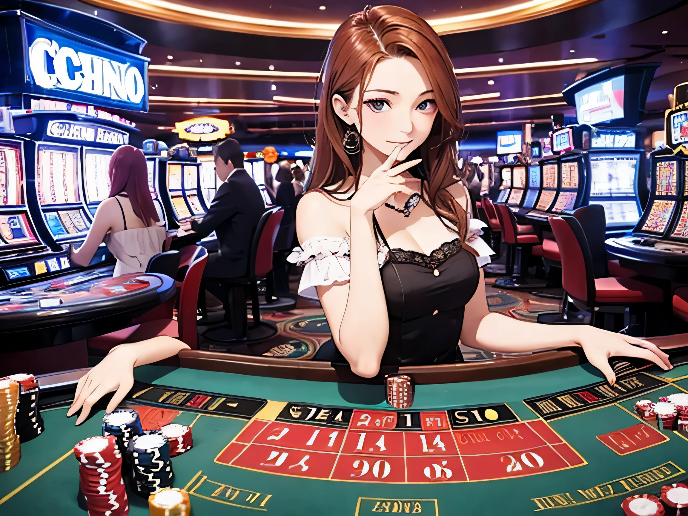 Masterpiece, best quality, 1 dealer girl, alone, look at viewer, chest, mature woman, collarbone, Random Hairstyles, cyberpunk, neon light, In the building, Casino, sit in chair, play roulette, black tight dress, depth of field, playful mood,Big smile