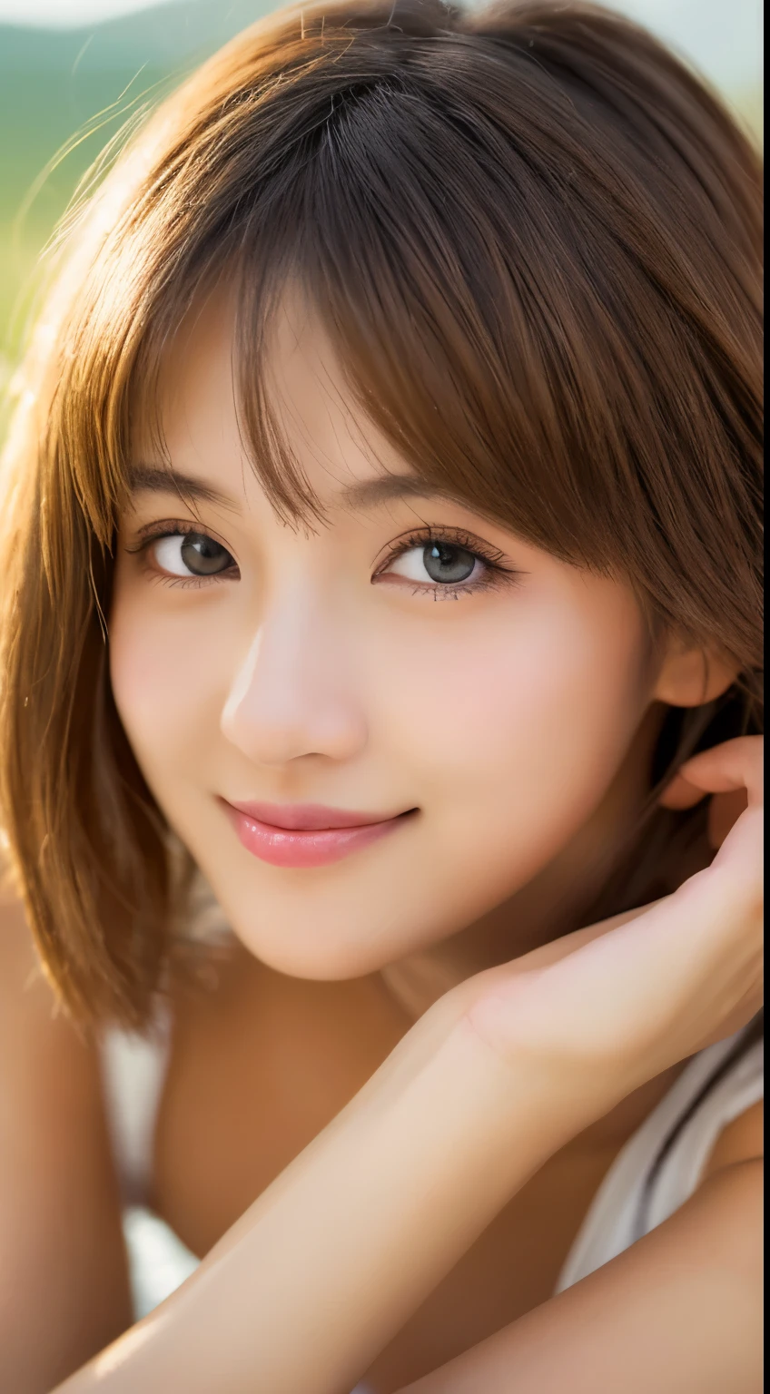 masutepiece, Best Quality, Illustration, Ultra-detailed, finely detail, hight resolution, 8K Wallpaper, Perfect dynamic composition, Beautiful detailed eyes, Women's Fashion Summer,Medium Hair,Small breasts natural color lip, Bold sexy poses,Smile,Harajuku、20 years girl、Cute、Sexy shot looking at camera