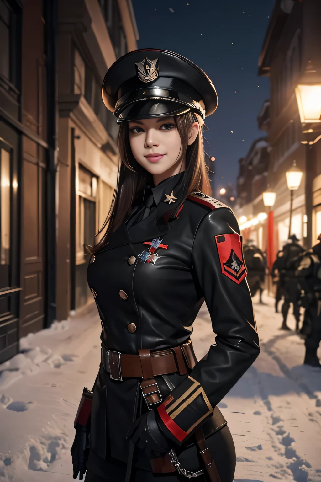 (8k, La mejor calidad, Obra maestra:1.2) personajes de anime labios rojos gruesos y calientes Ojos 4k y cara extremadamente detallados,hermosos ojos azules hermosos ,con pechos enormes muslos hechizantes cuerpo completo sentados en un banco en la nieve con un rifle, Desde NCSOFT, De Girls Frontline, Ilustraciones oficiales HDR, wearing a nazi black leather uniform, military hat, red band on left arm, sadistic smile,