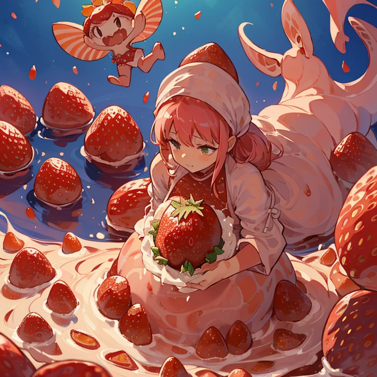 A pastry chef covered in strawberry parfait serving a giant strawberry、Amazing dynamism、Amazing Angle、Unstable buoyancy sandstorm、(((Many friendly giant strawberries float closely together and chase each other.)))。surround each other&#39;giant strawberry、
