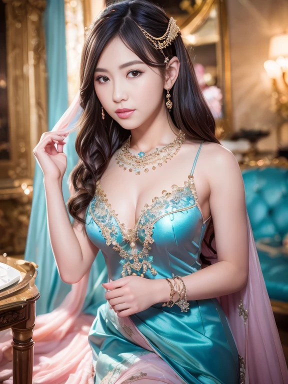 best qualtiy， tmasterpiece， 超高分辨率， （realisticlying：1.5）， RAW photogr， 1girll, silber hair, long hair，hair adornment shoulders，Cold and glamorous，Raised sexy，Cyan and pink tulle dress, Detailed scenes, amazing pose, Eye-catching accessories, Picturesque