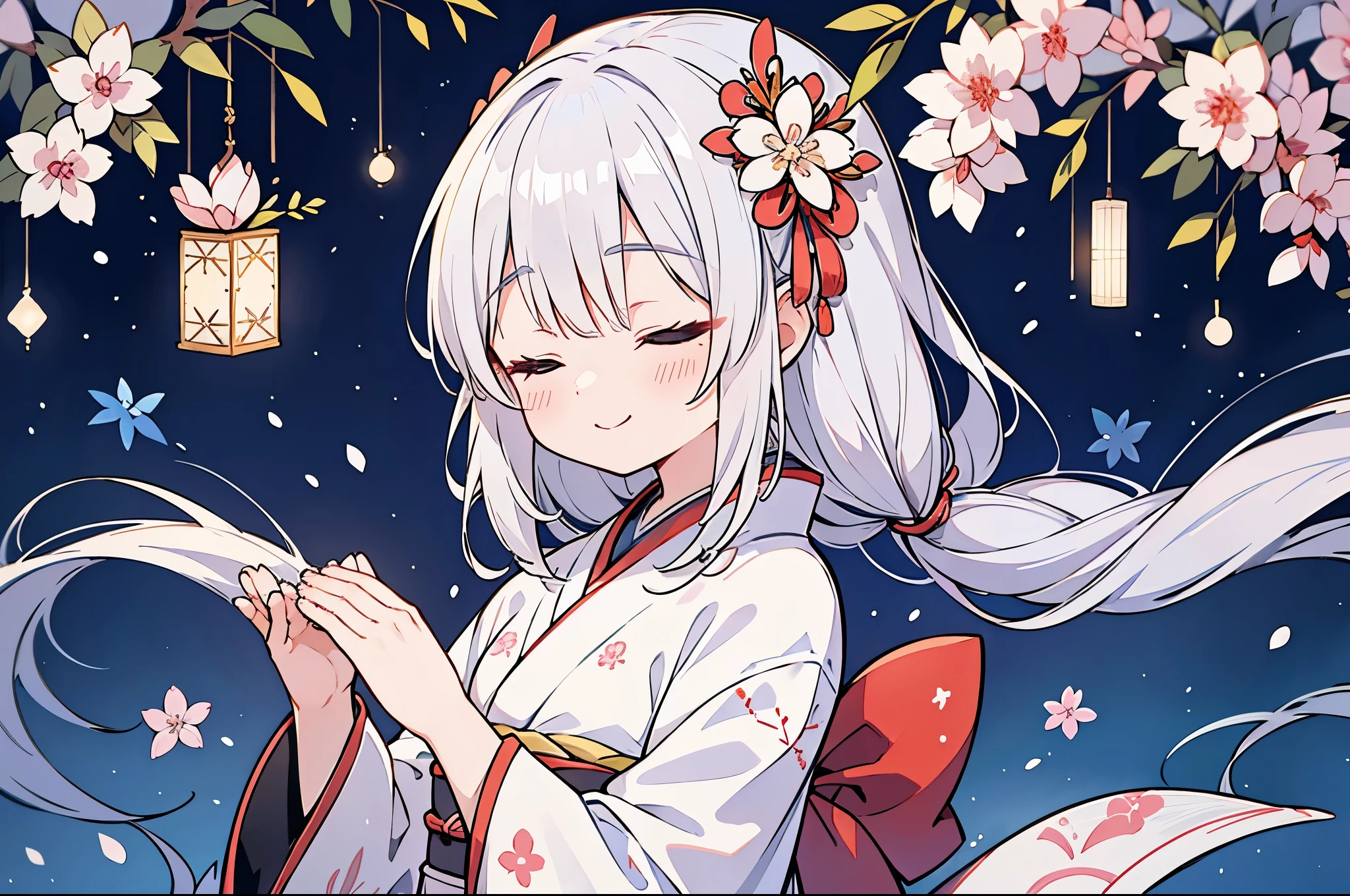 Prayer、kimono、Silvery hair、1人、fit hands、((Close both eyes))、gently smiling、Upper Body Up、Winters、Entwining fingers