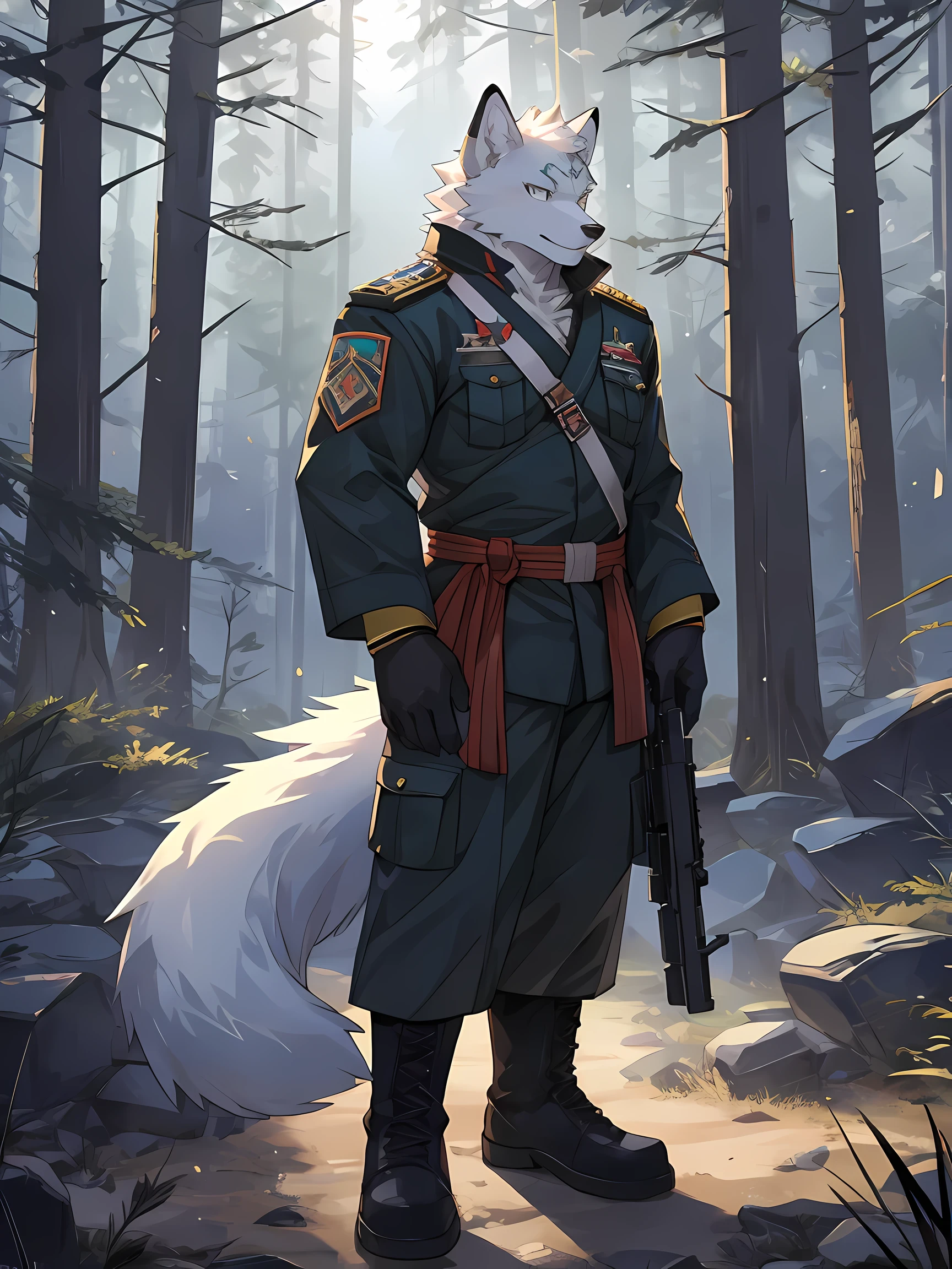 (ByZEphyrus)furry,Arctic Fox,timid,There is a star pattern in the middle of the forehead.. ,muscular,Wearing Japanese military uniform,Standing with a gun in the deep forest,viewer look.,Early morning,prominent,NJ5