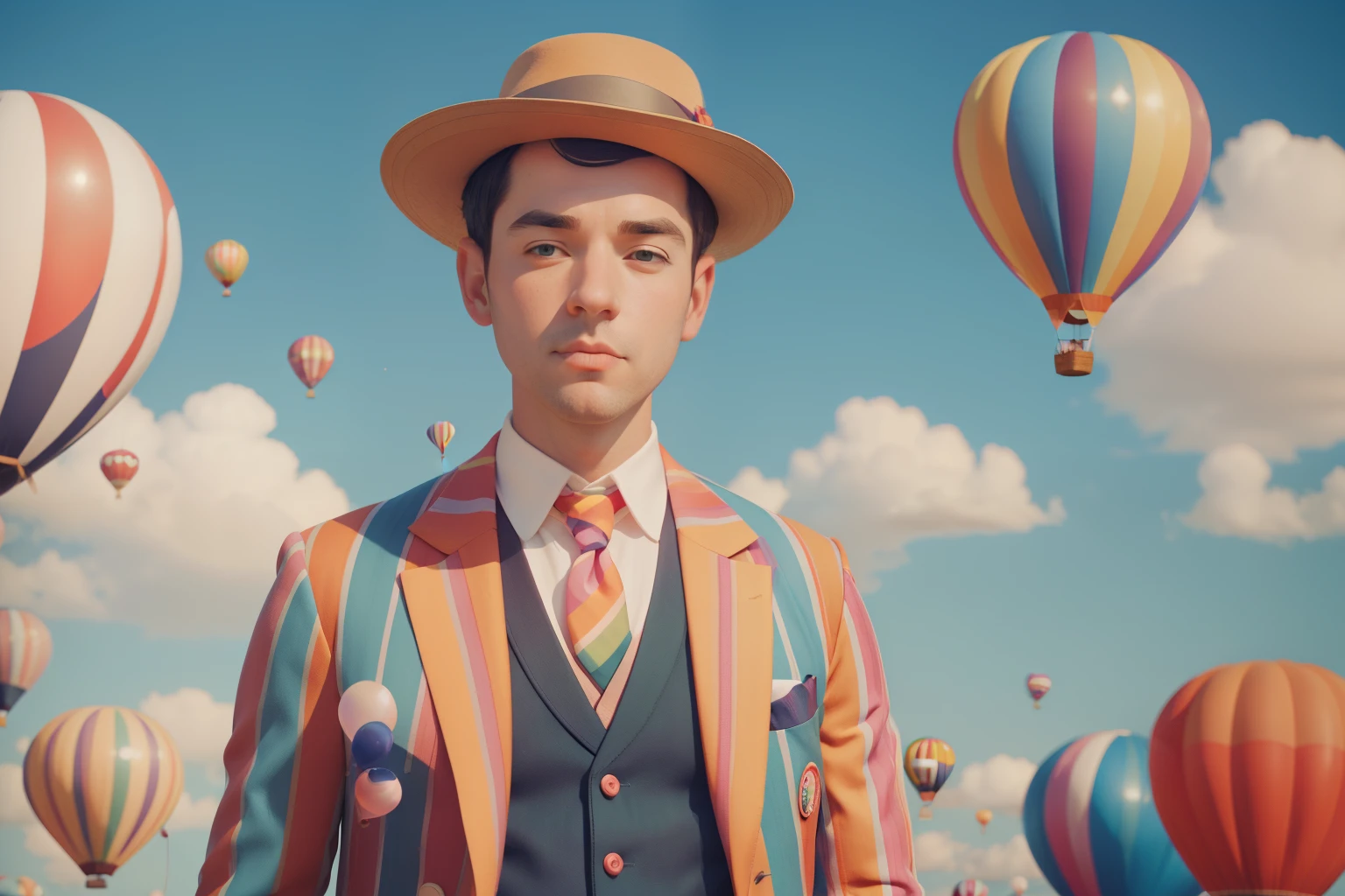 The Balloon Symphony: Create a scene featuring a freckled adult man in his thirties, wearing a bowler hat and a striped waistcoat, orchestrating a surreal symphony using multi-colored helium balloons. The setting, filled with floating musical notes and candy-colored clouds, should embody Anderson's penchant for whimsy and vibrant palettes.