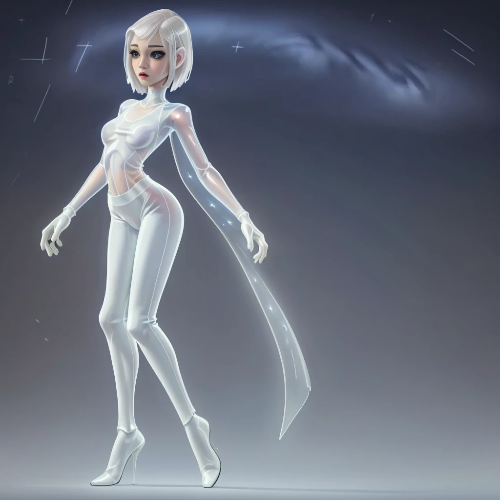 Masterpiece, a beautiful female model, full body white transparent clothes standing under empty night stars, disappearing transparent pants, full body standing, tall figure, slender legs, facial details, detailed body part details, 8k wallpaper